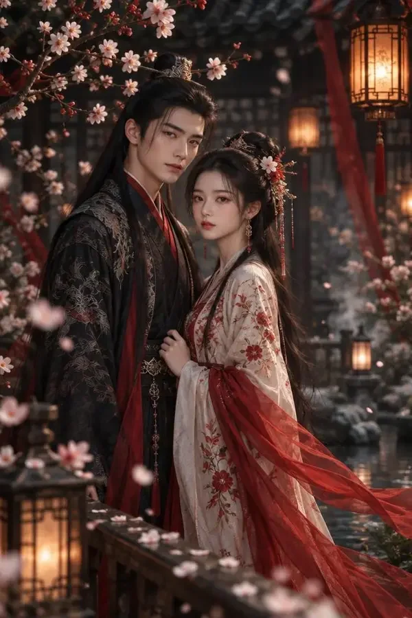 黄果短剧《枝头春意闹》竖版海报，春日庭院里身着汉服的男女